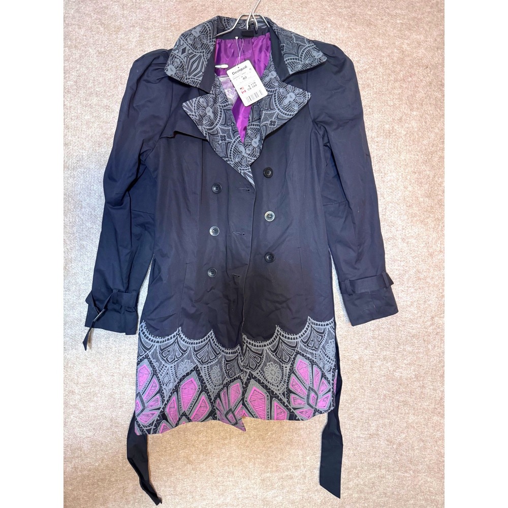 Desigual Olivia Trench Coat Women 40/10 Black Mandala Geometric Embroidered Boho